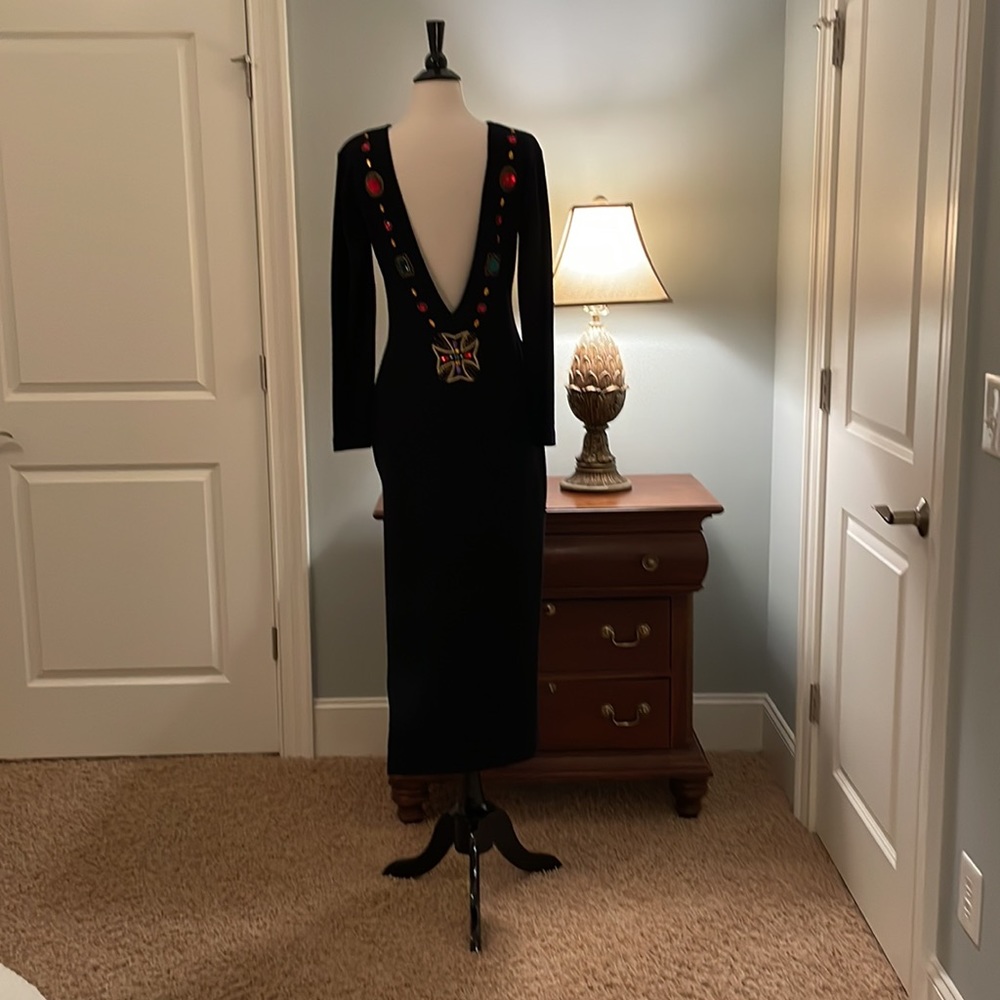 Black Dressy Dress with Jewels and sexy Back Deep V• Great For Holiday